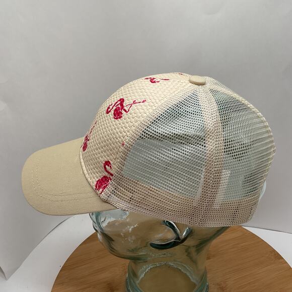 Straw Snapback Mesh Trucker Hat Pink Flamingo Print - Picture 4 of 6